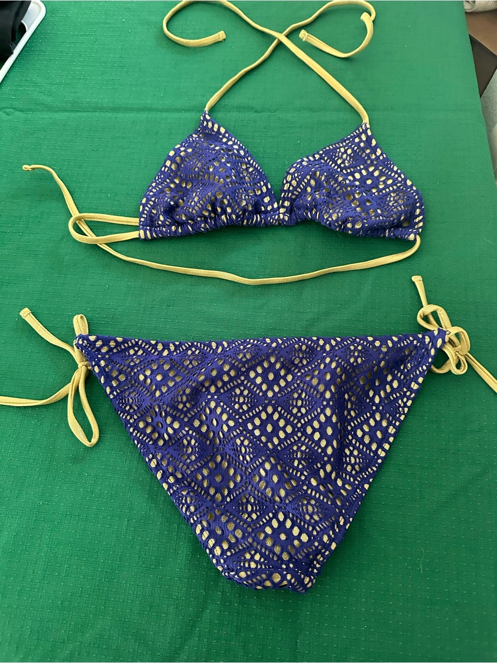 BONGO Blue Crochet Triangle Bikini with Yellow Ties - Picture 2 of 2
